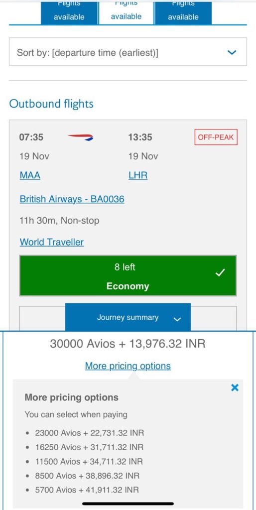 British Airways Avios Point Redemption on MAA- LHR Route