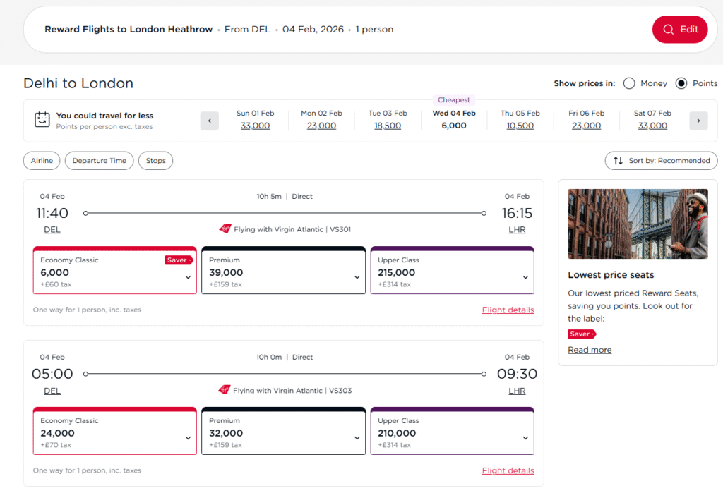Virgin Atlantic points Booking