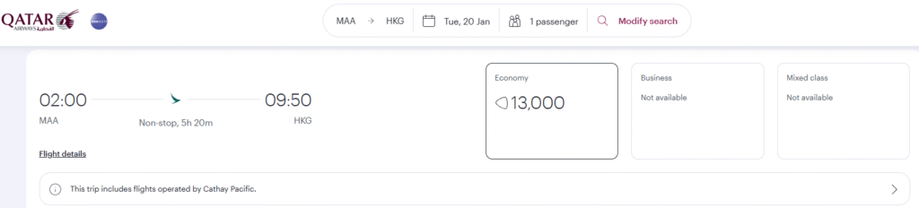 Booking Cathy Pacific flight through Qatar Airways Avios