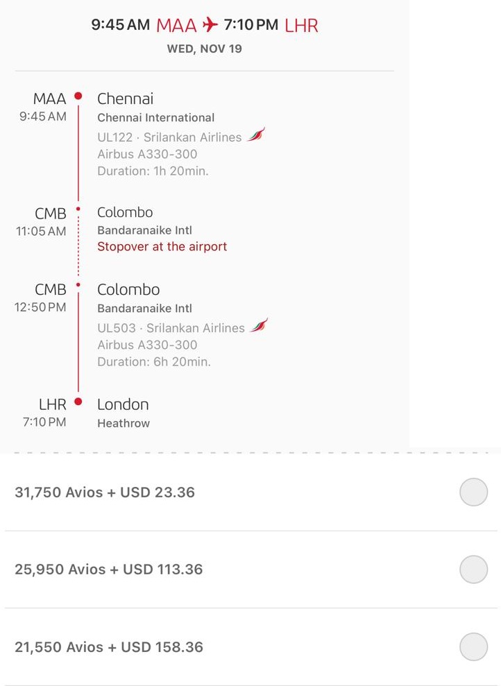 Chennai to London Using Avios on Srilankan Airlines