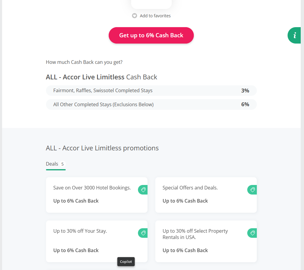 TopCashback page displaying a promotional rate of 6% cashback for Accor Live Limitless hotel bookings.