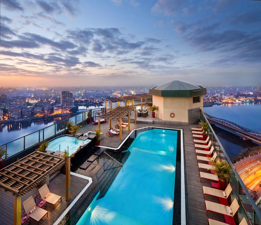 Panoramic view of the Swimming pool at the Fairmont Nile City hotel in Cairo