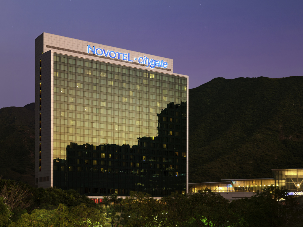 The modern exterior of Novotel Citygate Hong Kong hotel, conveniently located near the airport.