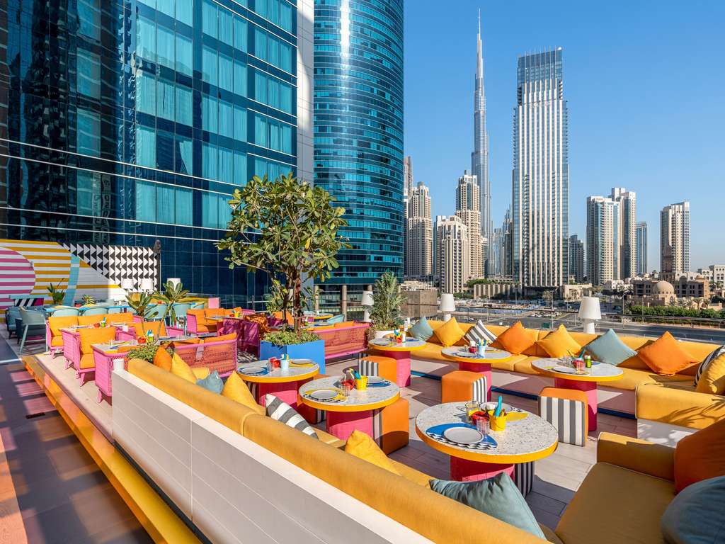 The stunning, modern exterior of the Pullman Dubai Downtown Hotel