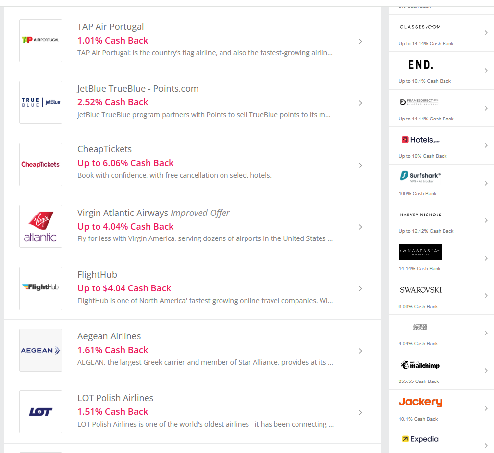 Screenshot of TopCashback.com showing flight booking offers