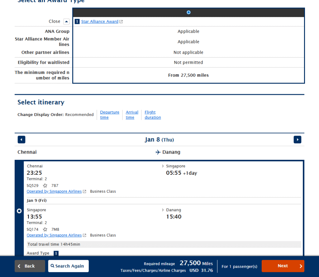 A screenshot from the ANA Mileage Club website displaying a Star Alliance award itinerary from Chennai (MAA) to Da Nang (DAD) via Singapore (SIN) on Singapore Airlines Business Class. 