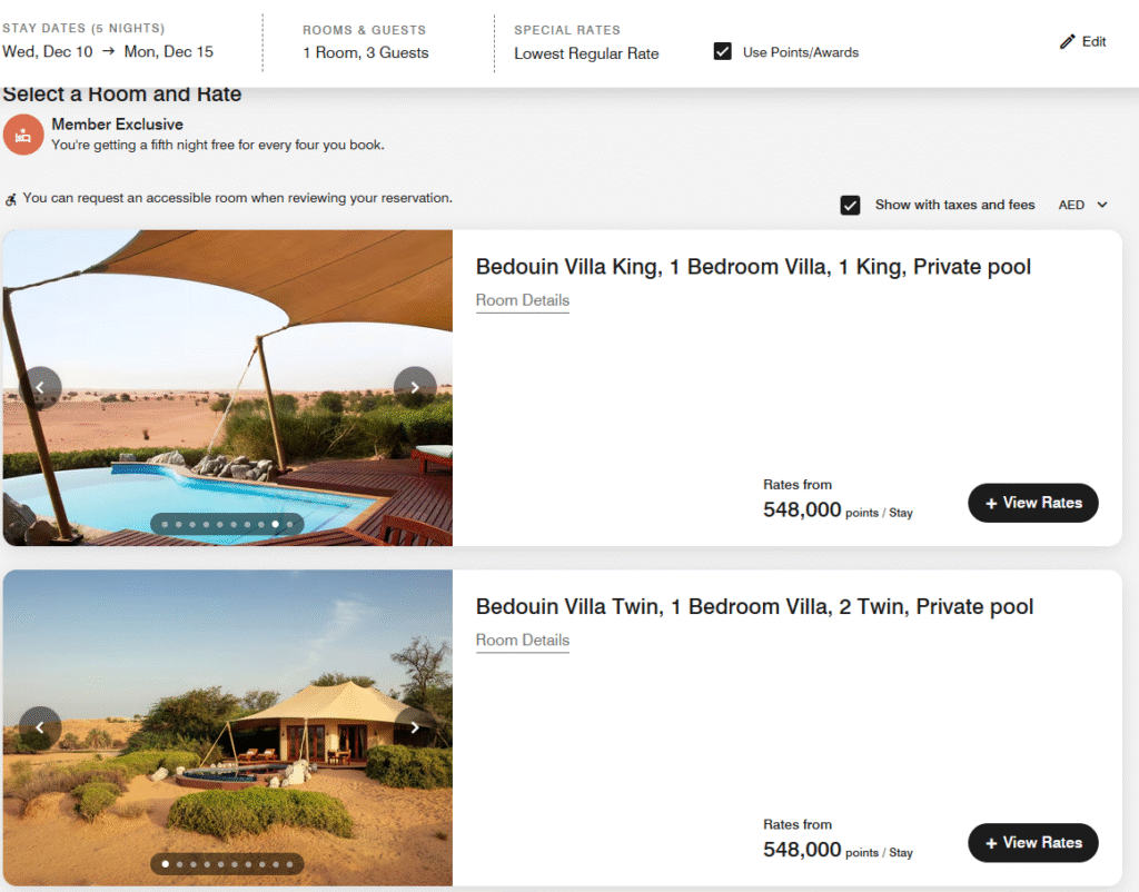 Screenshot of Marriott Bonvoy booking page for Al Maha, a Luxury Collection Desert Resort & Spa, Dubai, showing a 5-night stay (Dec 10-15) for 3 guests in a Bedouin Villa (King or Twin) priced at 548,000 points per stay.