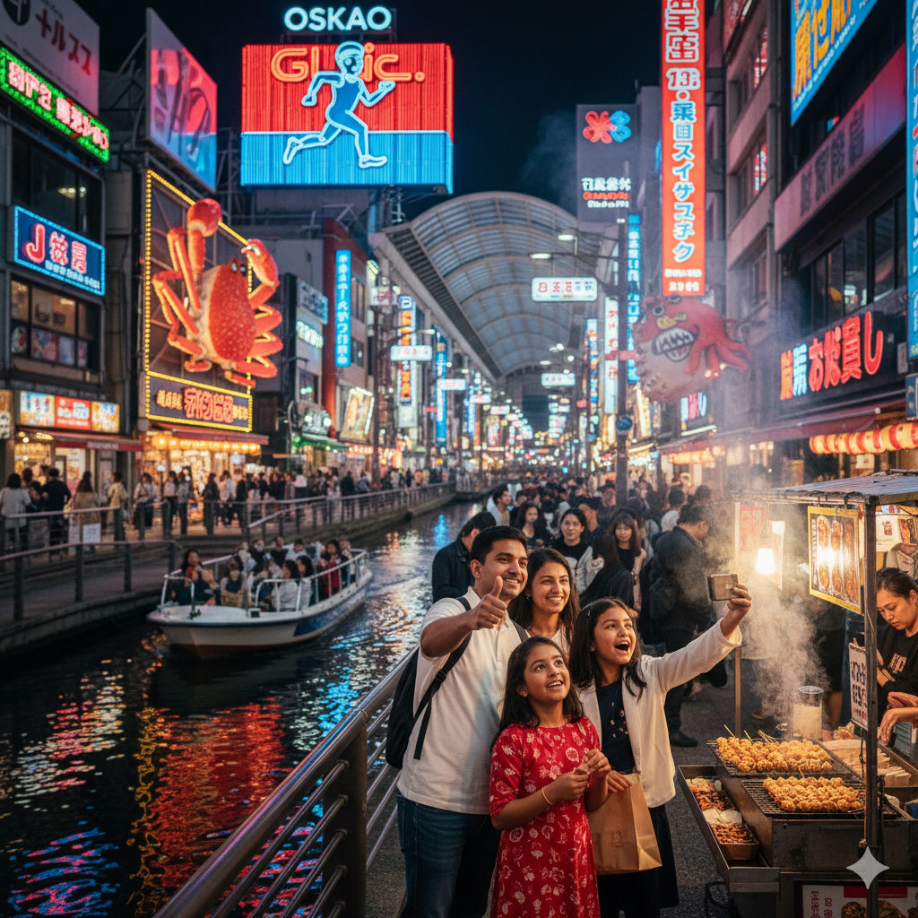 An Indian family takes a selfie on the vibrant Dotonbori canal boardwalk in Osaka, surrounded by neon signs, bustling street food stalls, and a lively night atmosphere.