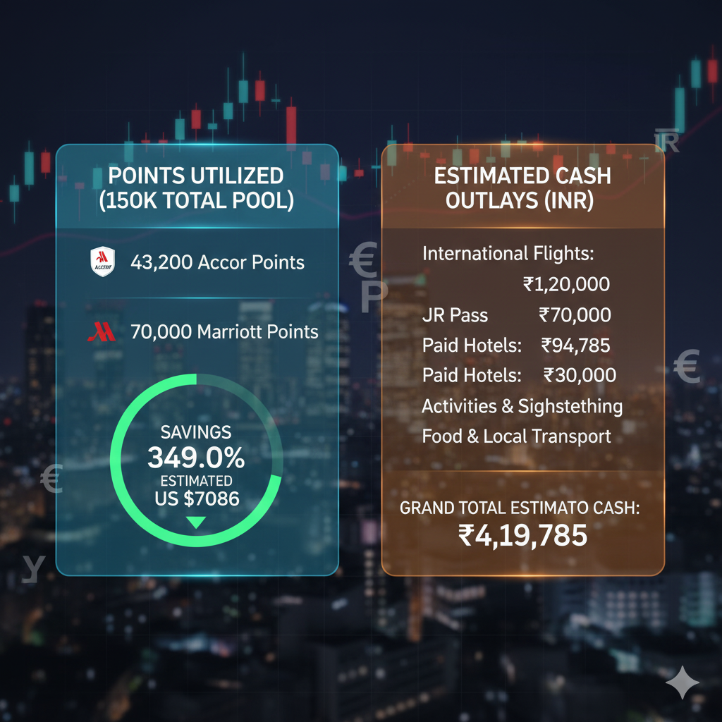A financial dashboard showing "Points Utilized" (Accor 43,200, Marriott 70,000) and "Estimated Cash Outlays (INR)" totaling ₹4,19,785 for a 15-day Japan trip.