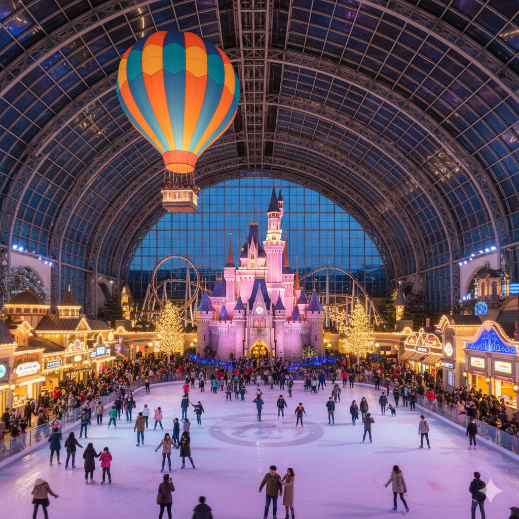 An indoor view of Lotte World theme park, featuring an ice skating rink filled with people, a magical pink castle, and a large hot air balloon ride suspended overhead under a vast glass dome ceiling at dusk. The park is bustling with visitors and illuminated lights.