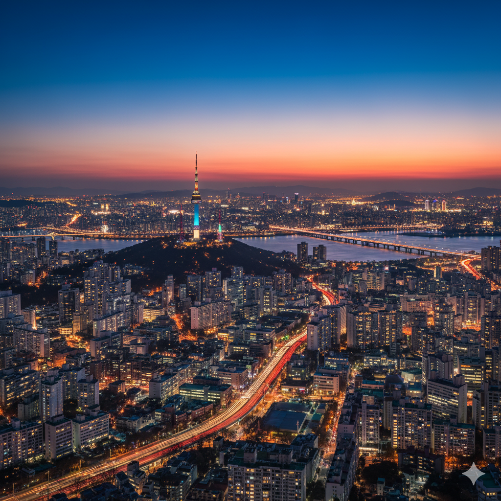 An expansive aerial view of the illuminated Seoul city skyline at dusk, with the prominent N Seoul Tower glowing in blue on Namsan Mountain, vibrant city lights, traffic streaks, and the Han River winding through.