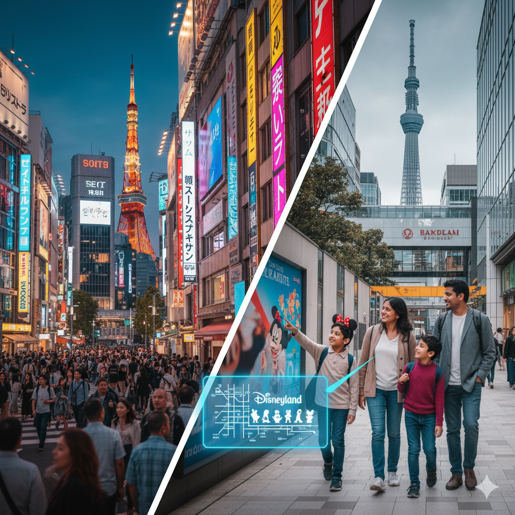Split image showing a bustling Tokyo street with Tokyo Tower at dusk, and an Indian family with Mickey Mouse ears looking excited with Tokyo Skytree in the background.