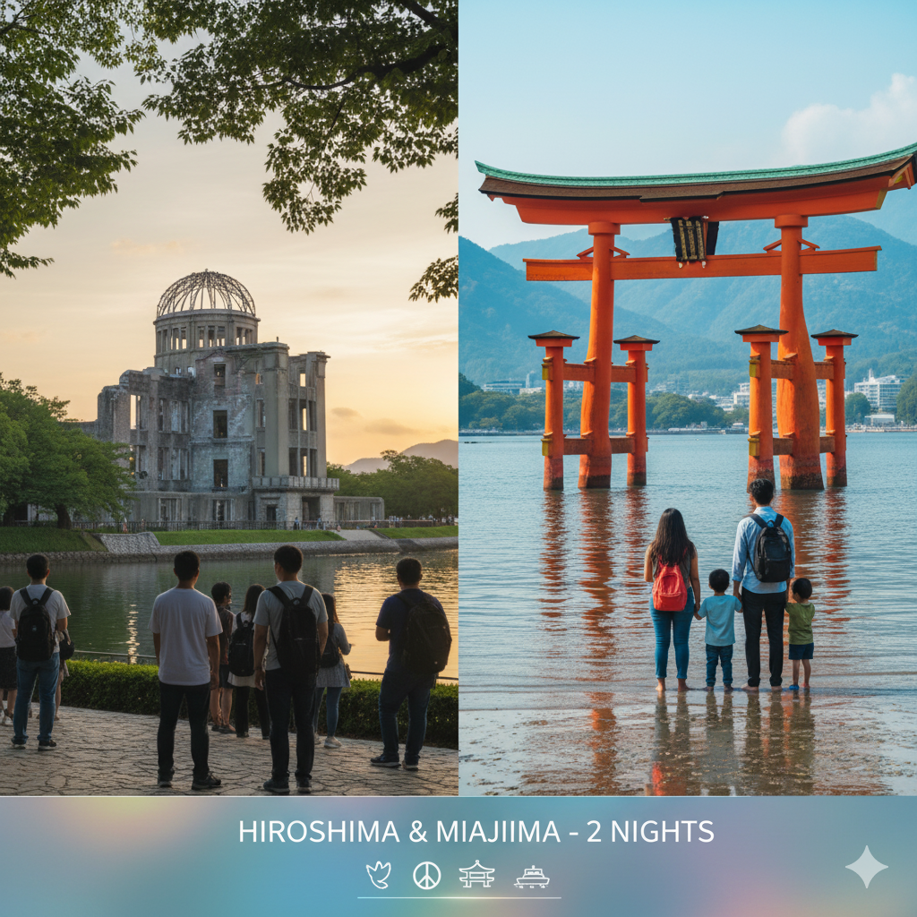 Split image showing the solemn Atomic Bomb Dome in Hiroshima at sunset, and an Indian family posing in front of the iconic "floating" Torii Gate of Itsukushima Shrine on Miyajima Island.