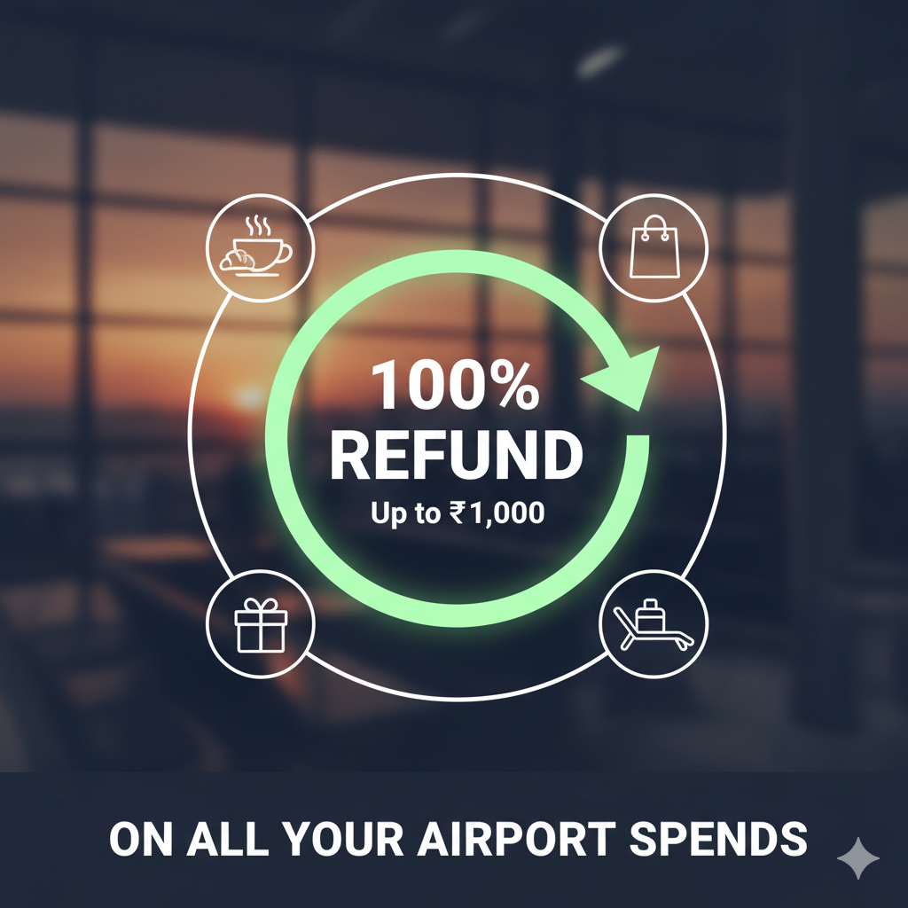 nfographic showing a 100% refund up to ₹1,000 on airport expenses like coffee, shopping, and luggage, with airport background