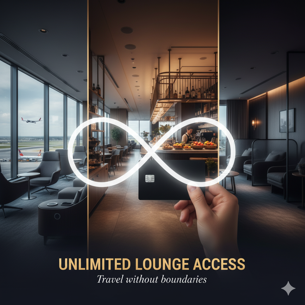 Infographic showing a credit card hand holding an infinity symbol over various luxurious airport lounge scenes, representing unlimited lounge access