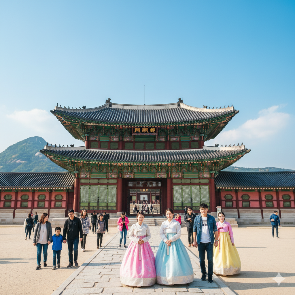 People in traditional Korean hanbok dresses pose in front of the majestic Gyeongbokgung Palace in Seoul, with other visitors strolling in the courtyard under a clear blue sky.
