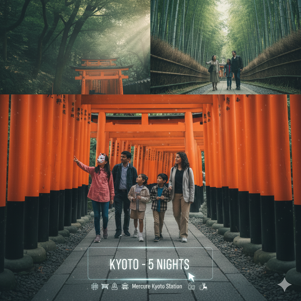 An Indian family walks through the vibrant red torii gates of Fushimi Inari Shrine in Kyoto, with scenes of Arashiyama Bamboo Grove and a serene temple.