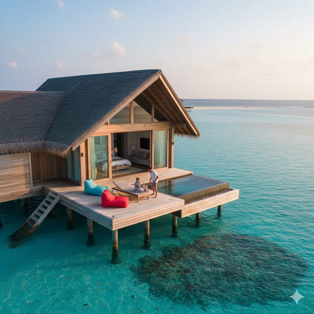 Aerial view of a luxurious overwater villa at Pullman Maldives Maamutaa, featuring a private infinity pool on the deck, a couple enjoying breakfast, and a child on the ladder descending into the clear turquoise ocean. Other overwater villas are visible in the distance.