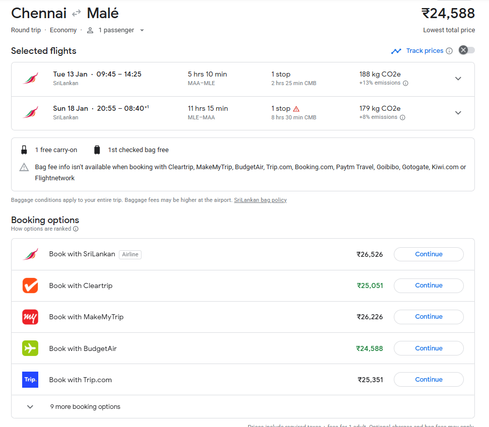 Screenshot of a Google Flights search result showing a round-trip economy flight from Chennai to Malé on SriLankan Airlines for ₹24,588, with various booking options listed below.