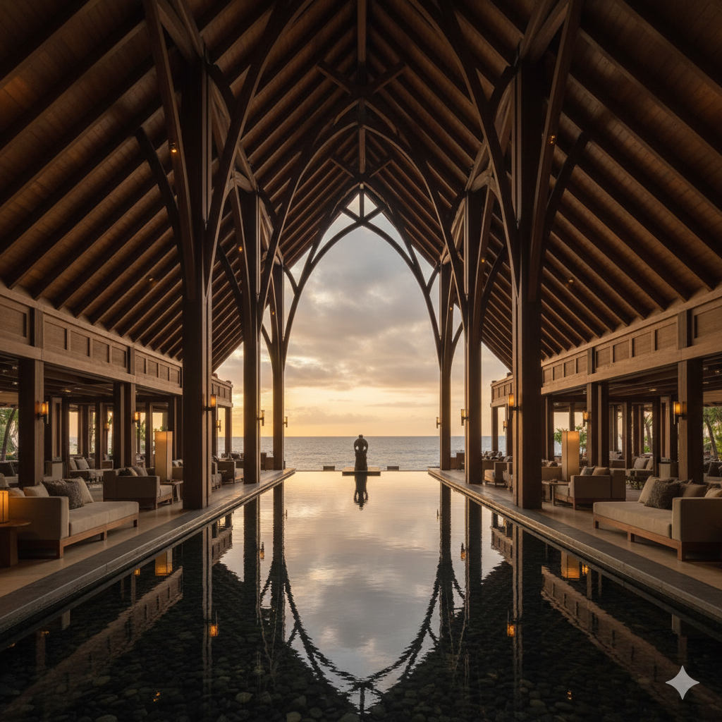 The stunning, architecturally unique lobby of SO Sofitel Mauritius, featuring a dramatic vaulted wooden ceiling, long reflective water features, and an open view towards the ocean at sunset.