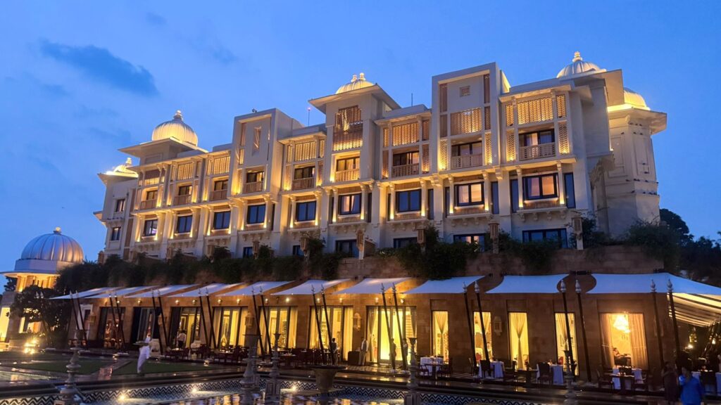 Exterior view of the majestic Leela Palace Udaipur situated on the shores of Lake Pichola