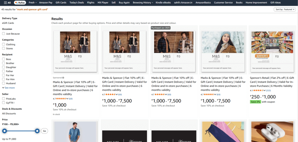Amazon.in showing the 10% instant discount on M&S vouchers