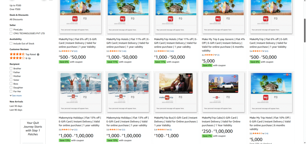 Amazon MakeMyTrip Gift Card Discounts 13 Percent Off