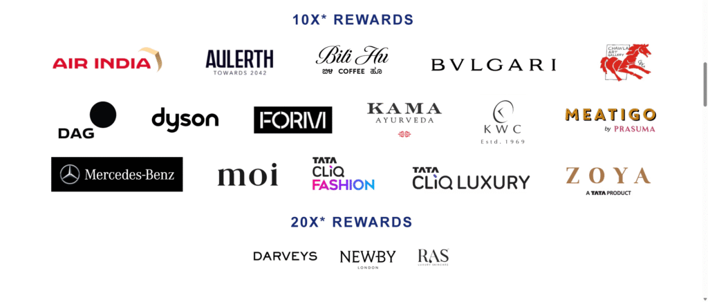 Amex RewardXcelerator partners list showing Kama Ayurveda under 10X Rewards