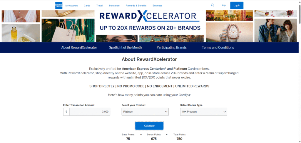 Amex RewardXcelerator portal showing Kama Ayurveda as a 10X brand and calculation for ₹3,000 spend]
