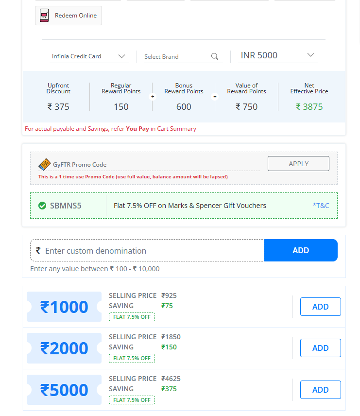 HDFC SmartBuy portal showing 7.5% off M&S voucher + 5X points calculation for Infinia