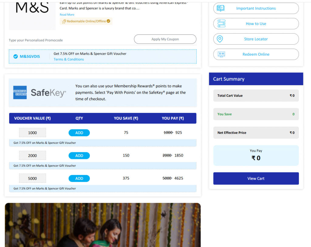 Amex Reward Multiplier portal showing 7.5% off M&S voucher