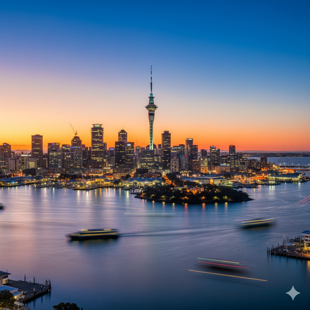 The illuminated Auckland city skyline and its vibrant harbour at dusk, with the distinctive Sky Tower prominent and several blurred boats moving across the water.