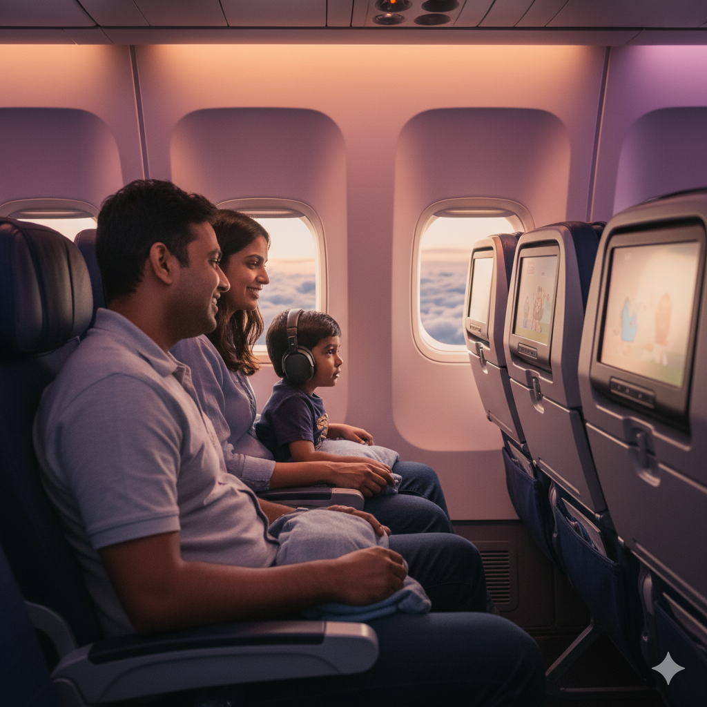 An image evoking a comfortable economy class experience on a premium airline, highlighting the start of a family vacation.
