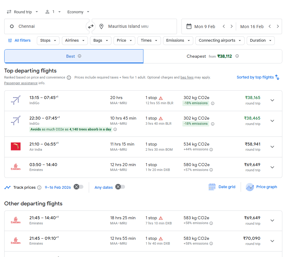 A screenshot of Google Flights search results displaying round-trip economy flights from Chennai to Mauritius (MRU) for dates including February 9th to 16th. Top results show IndiGo flights starting from ₹38,165, followed by Air India and Emirates with higher prices.