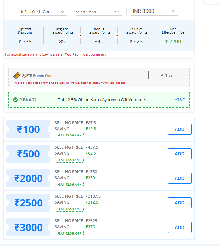 HDFC SmartBuy portal showing Kama Ayurveda GV with 12.5% discount and reference to 5X points