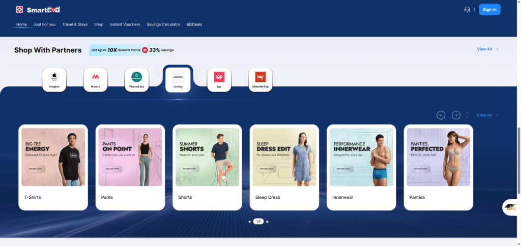 HDFC SmartBuy showing the Jockey 'Shop with Partner' 10X offer