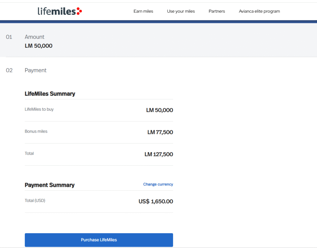 Screenshot of the Avianca LifeMiles purchase summary page, showing a transaction where 50,000 LifeMiles are bought, yielding 77,500 bonus miles for a total of 127,500 LifeMiles, at a cost of US$1,650.00.