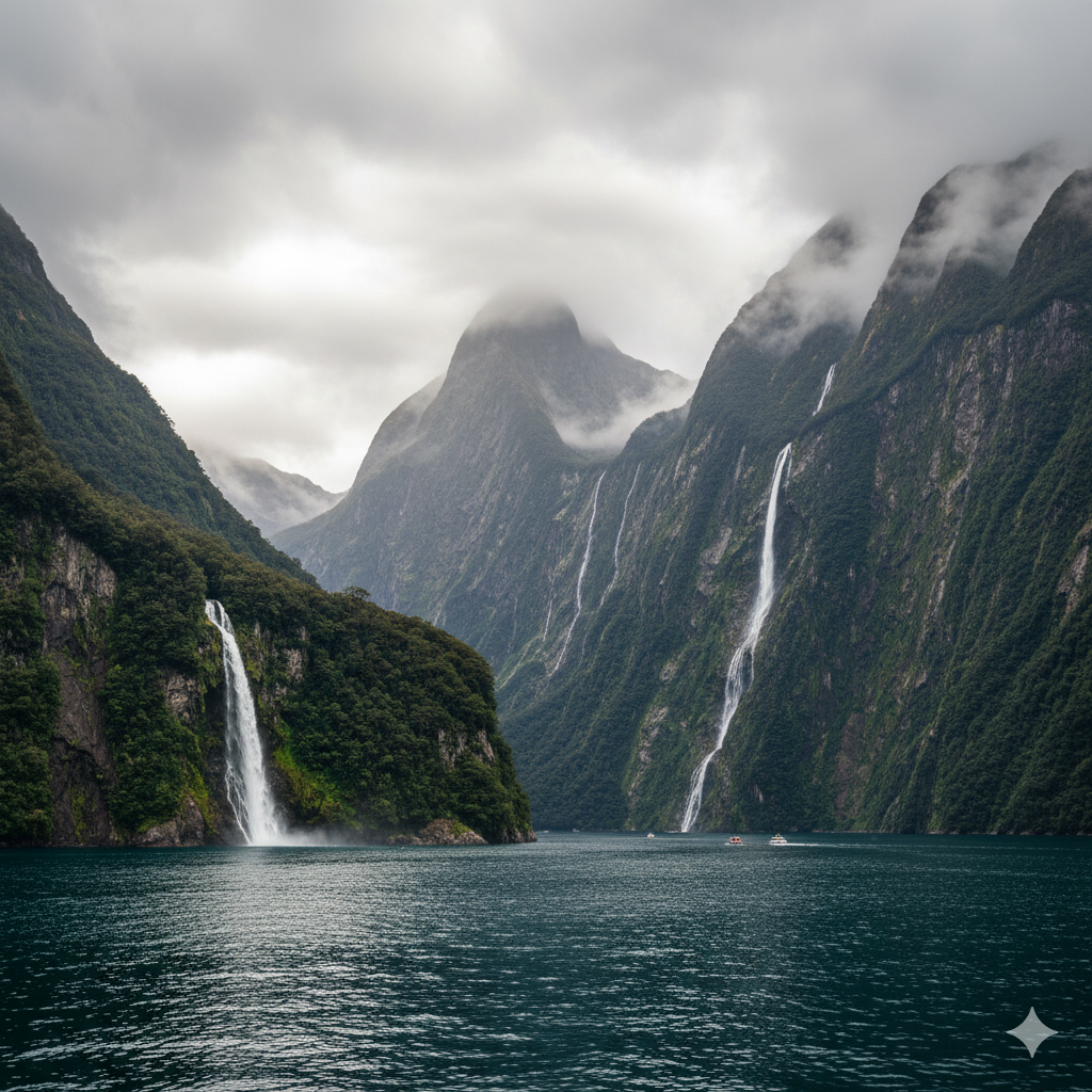 Majestic Milford Sound in New Zealand, with dramatic, misty mountains rising from deep blue water and numerous waterfalls cascading down. Several small boats are visible on the water.