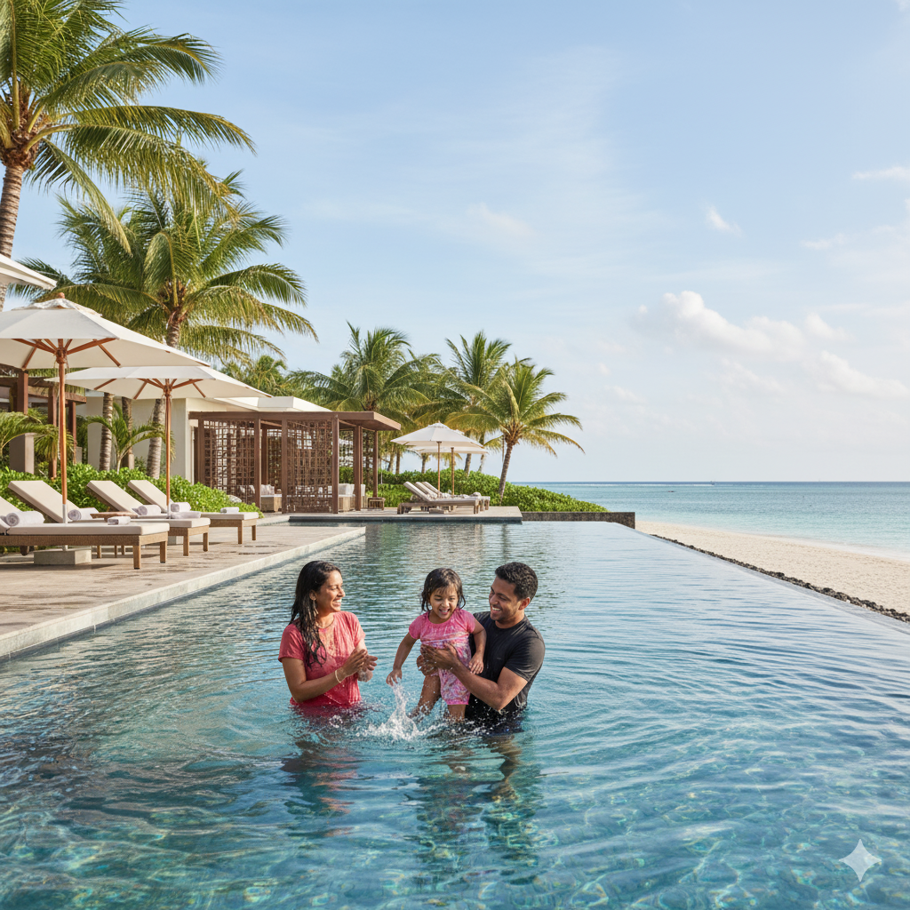 A breathtaking infinity pool at a luxury resort in Mauritius, perfectly symmetrical, reflecting the clear blue sky and leading the eye towards the serene Indian Ocean. Modern resort buildings with balconies and palm trees flank either side of the pool, equipped with numerous lounge chairs and umbrellas.