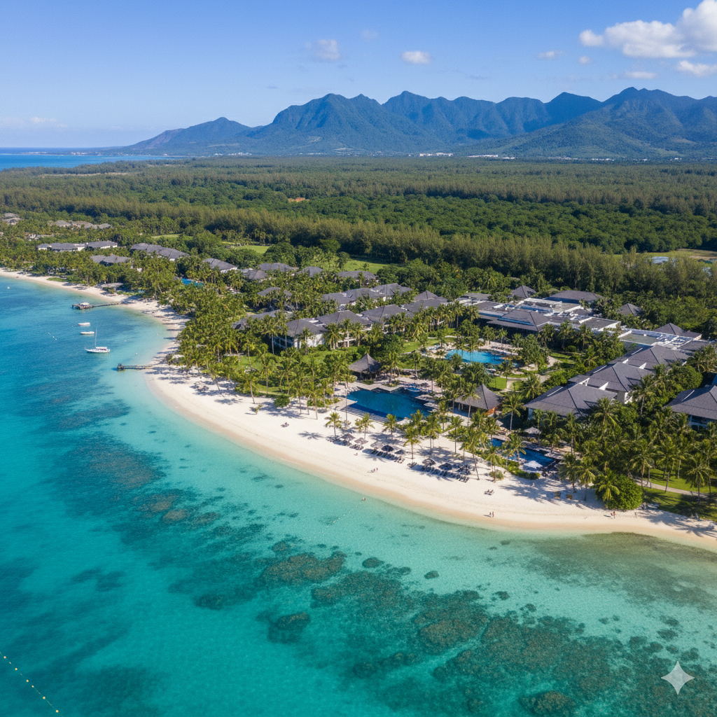 An aerial view of the expansive Sofitel Mauritius L'Imperial Resort & Spa, showcasing its lush beachfront, multiple swimming pools, and traditional architecture nestled amidst palm trees, all set against turquoise ocean waters and distant mountains.