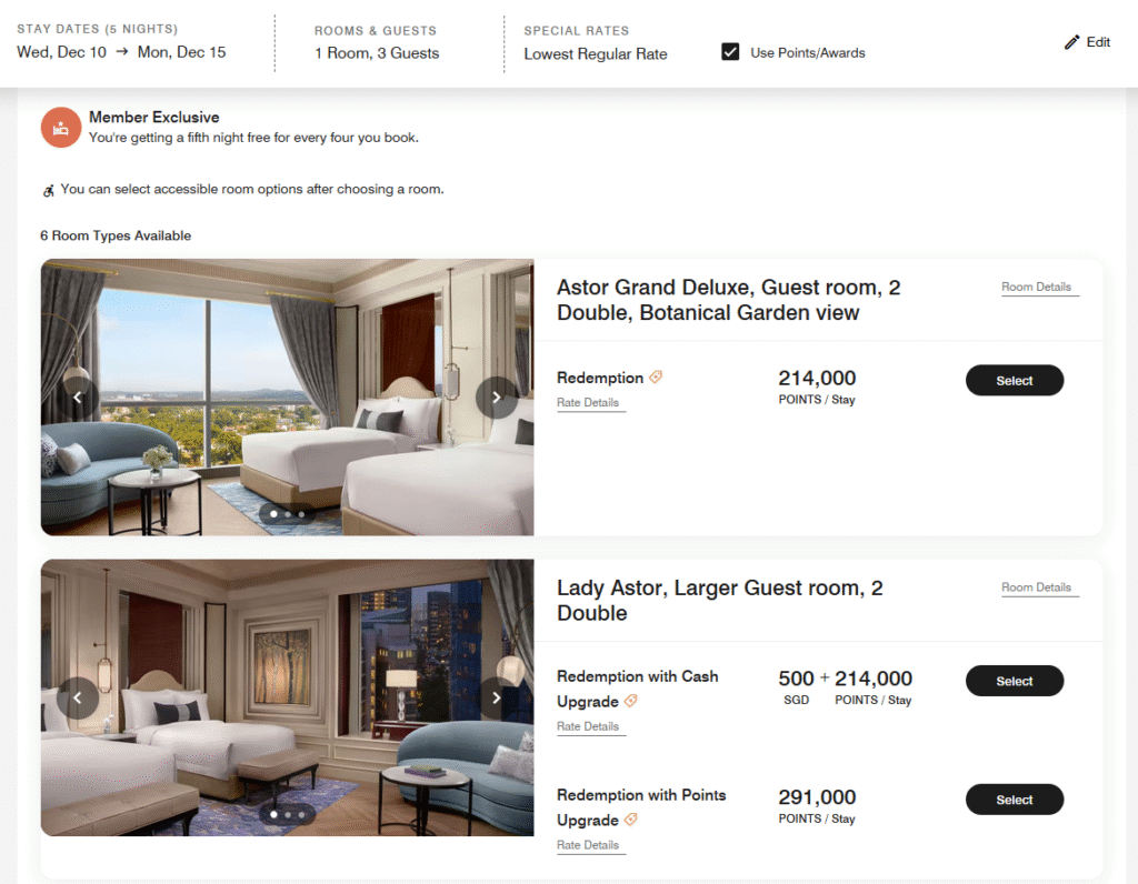 Screenshot of Marriott Bonvoy booking page for The St. Regis Singapore, showing a 5-night stay (Dec 10-15) for 3 guests in an Astor Grand Deluxe room costing 214,000 points.