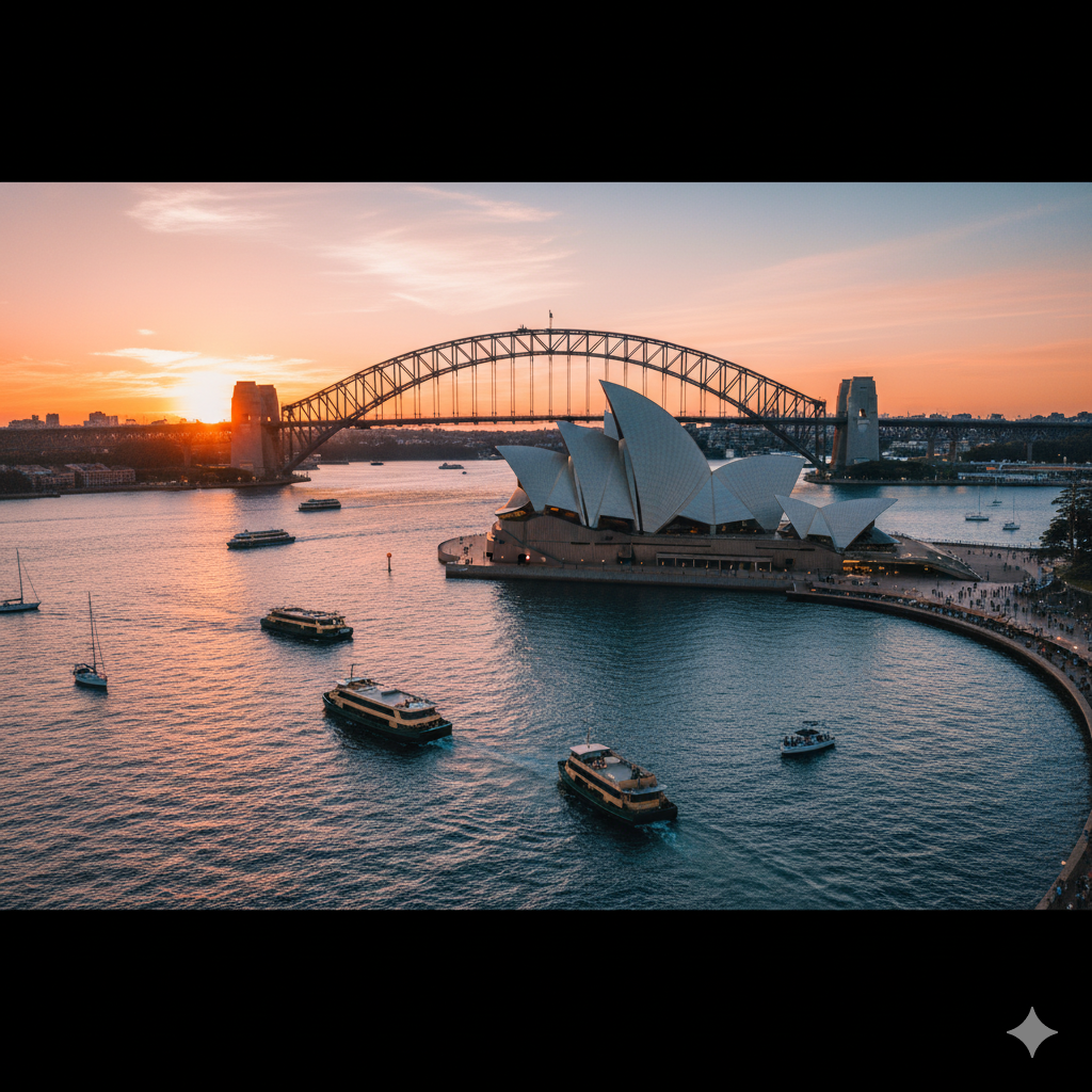 Aerial view of Sydney Harbour at sunset, featuring the iconic Sydney Opera House and Harbour Bridge with ferries on the water.