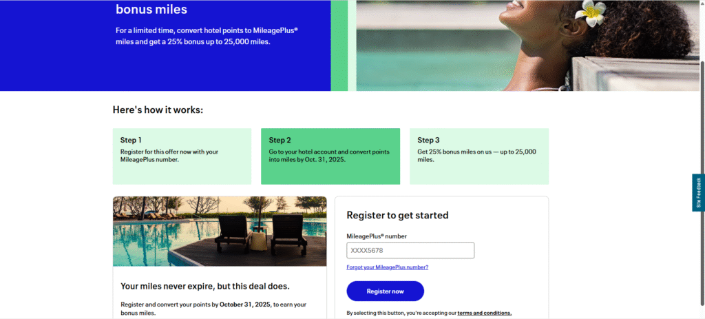 Screenshot of the official United MileagePlus "Get a 25% bonus miles" promotion page, detailing the three steps to earn bonus miles: register, convert hotel points by Oct 31, 2025, and get up to 25,000 bonus miles.