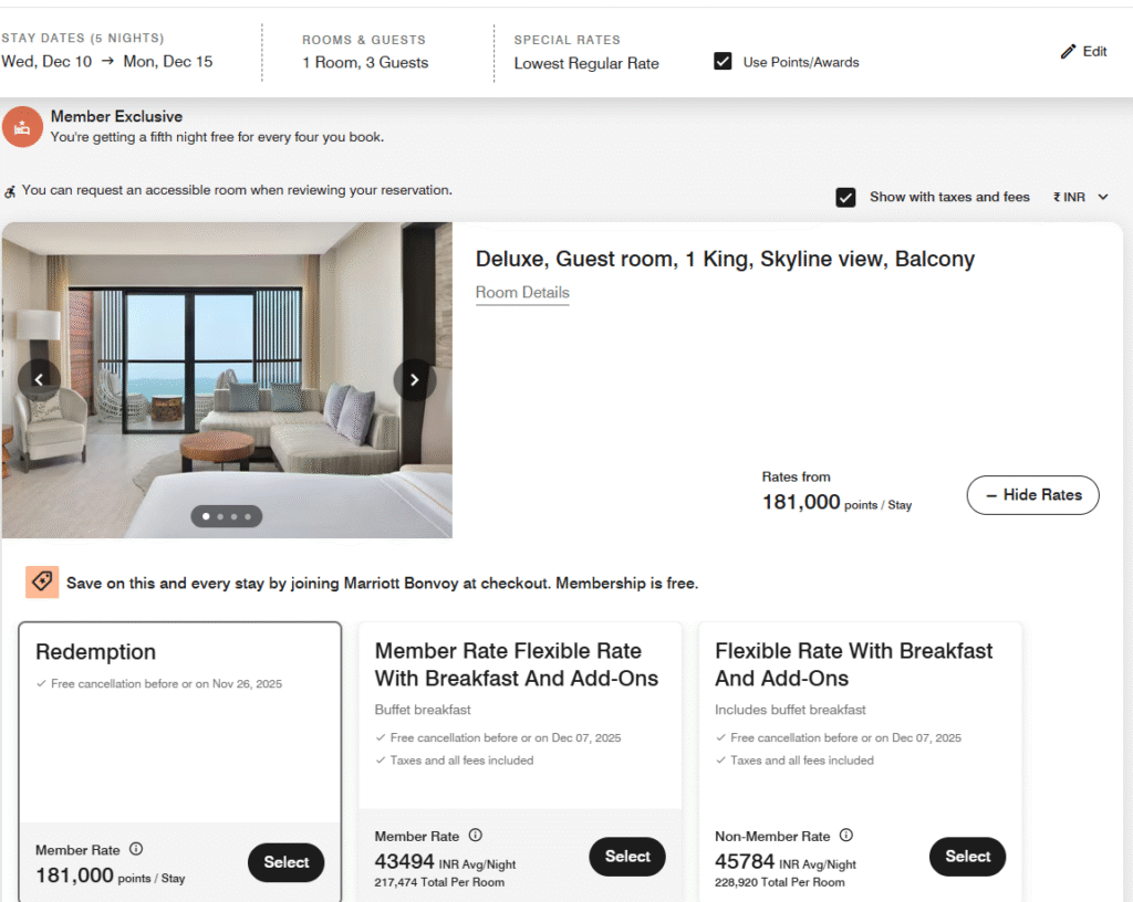 Screenshot of Marriott Bonvoy booking page for The Westin Resort & Spa, Himalayas, showing a 5-night stay (Dec 10-15) for 2 adults and 1 child, with a redemption cost of 181,000 points and a cash rate of INR 43,494 per night.