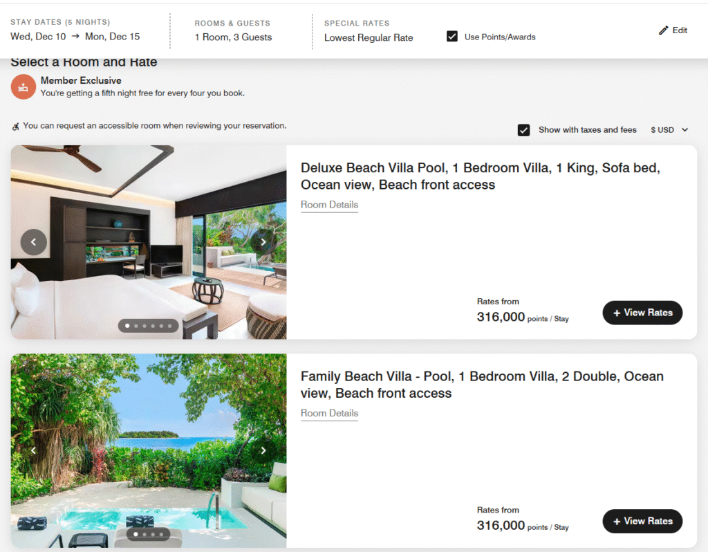 Screenshot of Marriott Bonvoy booking for The Westin Maldives Miriandhoo Resort, showing 5-night options for a Deluxe Beach Villa Pool and Family Beach Villa - Pool, both priced at 316,000 points per stay.