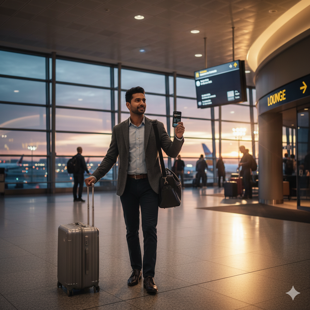 This image captures the essence of luxury travel: a confident individual walking through a modern airport terminal, illuminated by natural light and surrounded by sleek architecture. With a carry-on suitcase rolling behind and a purposeful stride, the traveler is moments away from entering a Priority Pass lounge—where comfort, quiet, and convenience await. The scene evokes freedom, sophistication, and the seamless experience offered by premium credit card benefits.