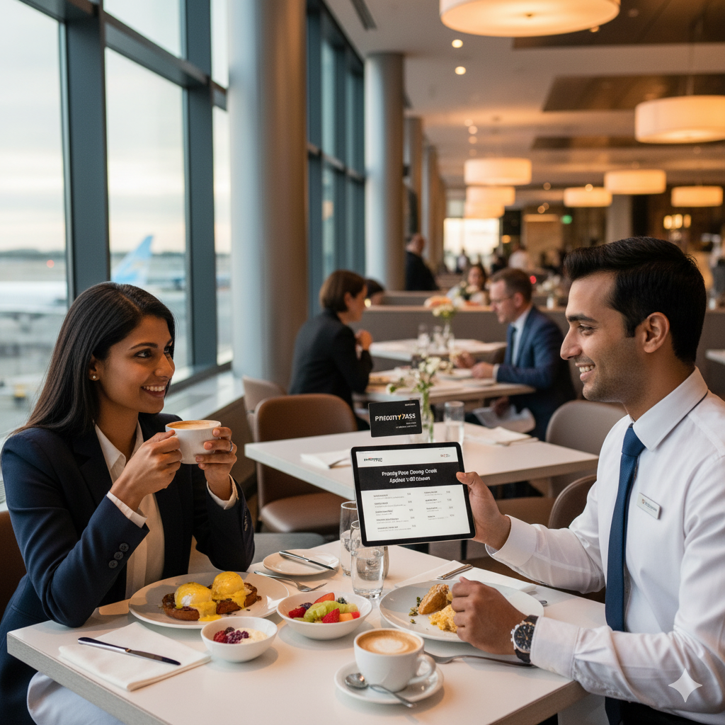 A business couple enjoying a meal at a stylish airport restaurant, with one person showing a digital Priority Pass dining credit on a tablet