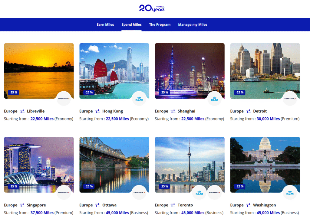 Delving deeper into the Monthly Promo Awards, this image showcases more options, including Premium and Business Class redemptions. You can see destinations like Libreville, Hong Kong, and Shanghai in Economy, and more premium options to Singapore, Ottawa, Toronto, and Washington from 37,500 to 45,000 miles, also with attractive discounts. A great way to experience different cabins for fewer miles!