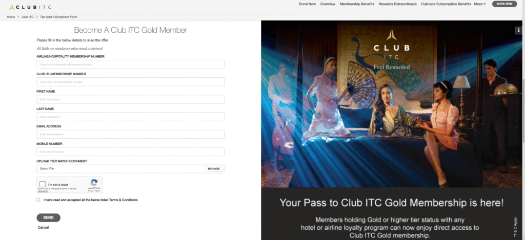 Screenshot of the official ITC Hotels website showing the Club ITC Gold Tier Match enrolment form, with fields for personal details and status upload.