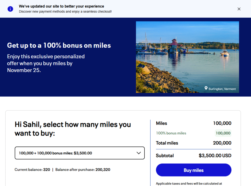 A screenshot of a personalized United Airlines MileagePlus offer showing a 100% bonus on buying miles, valid until November 25th.